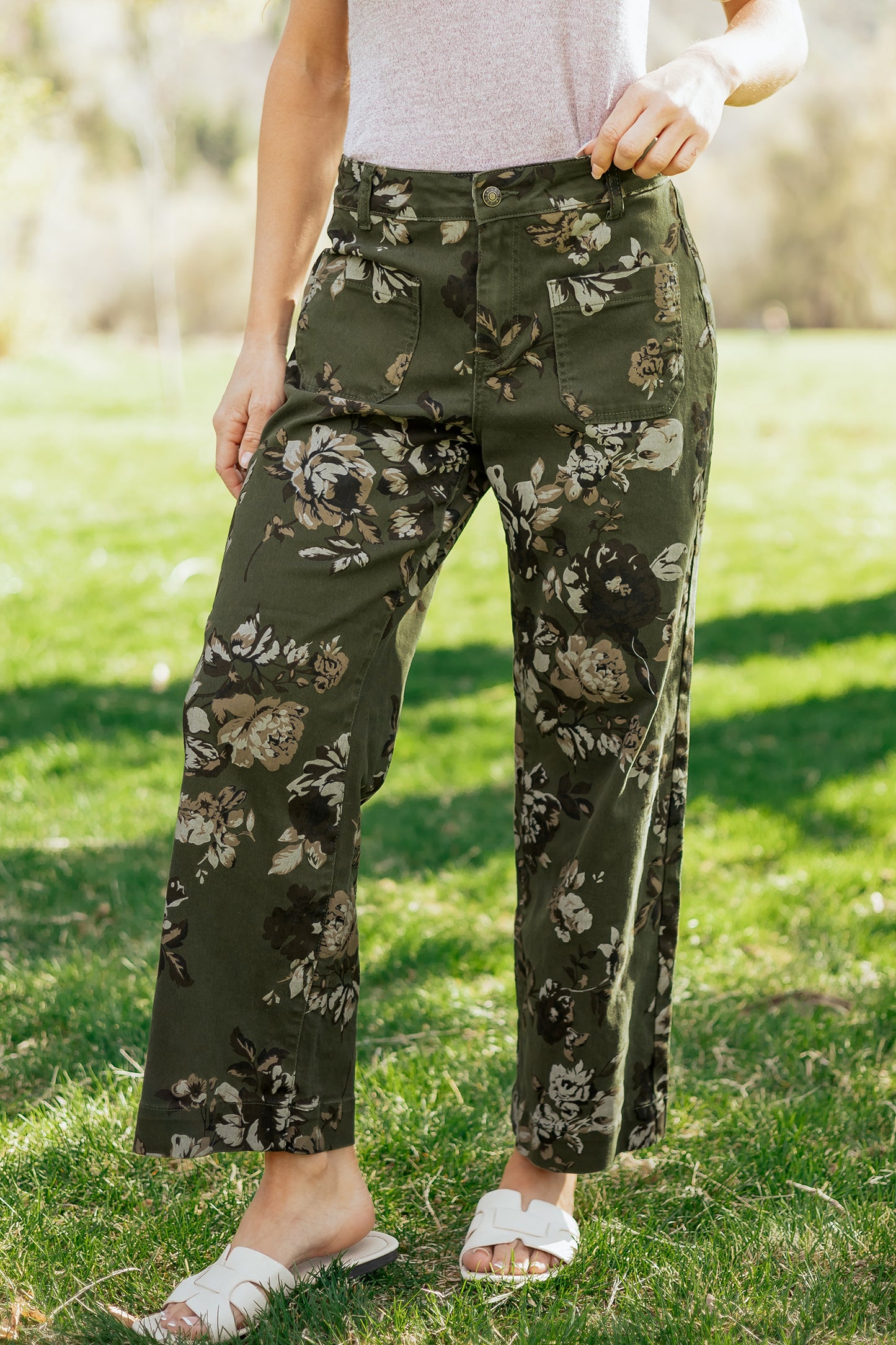Green Vintage Floral Raw Hem Shift Jeans
